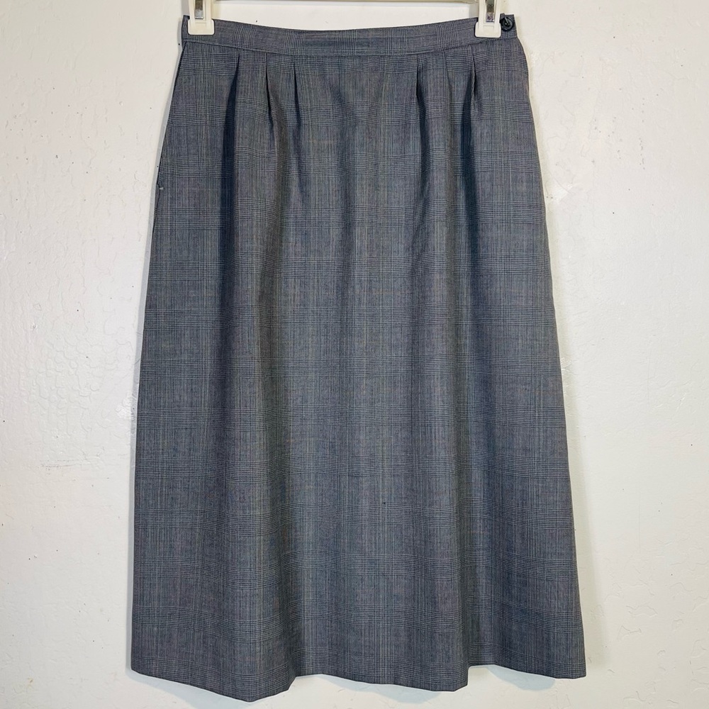 Vintage 80s 90s Size 11 12 Gray Plaid Midi Length Skirt Pleated High Waisted